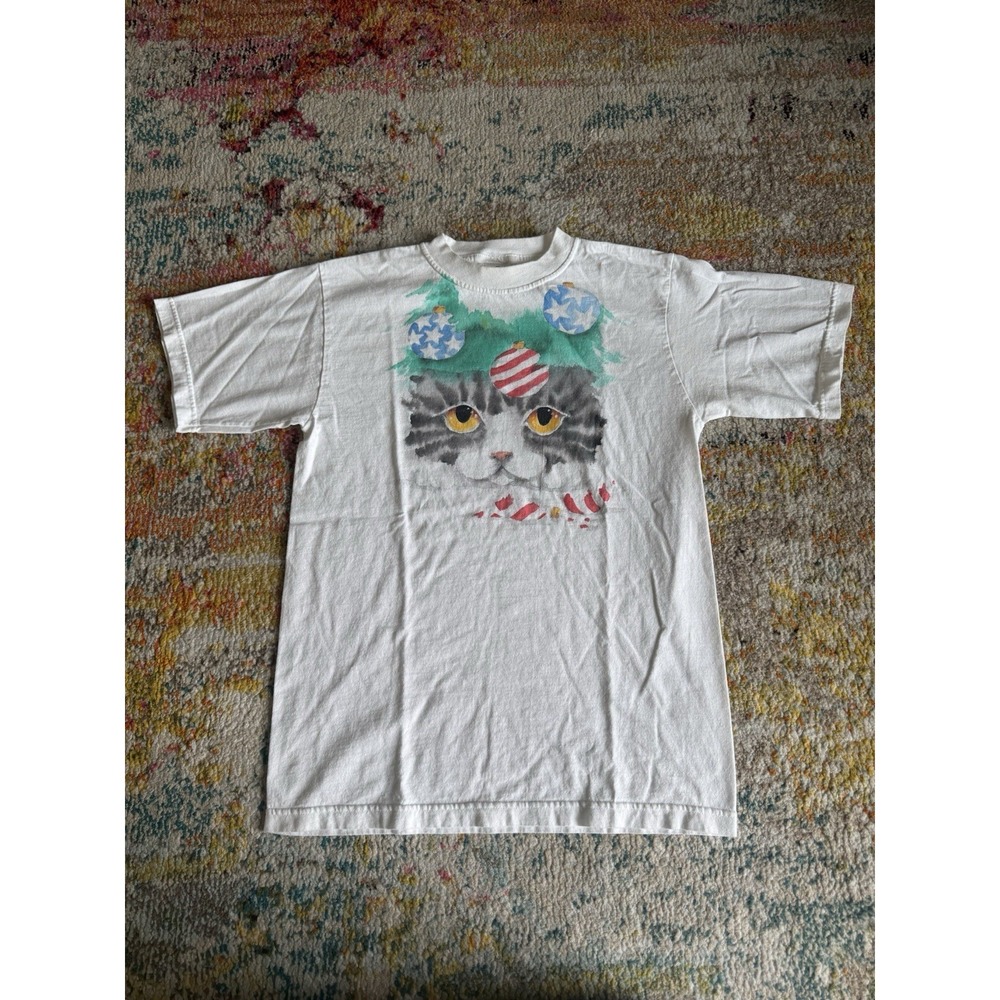 Vintage AAA Alstyle Christmas Cat Graphic T-Shirt White Medium / Large